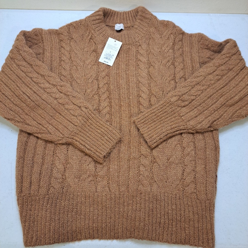 A New Day Womens Sweater L Heather Brown NWT Cable Knit 1881-360